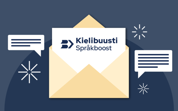 Kirje, jonka sisällä on paperi, jossa on Kielibuusti Språkboost -logo. Kirjeen ympärillä puhekuplia.