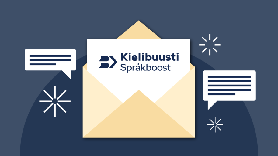 Kirje, jonka sisällä on paperi, jossa on Kielibuusti Språkboost -logo. Kirjeen ympärillä puhekuplia.